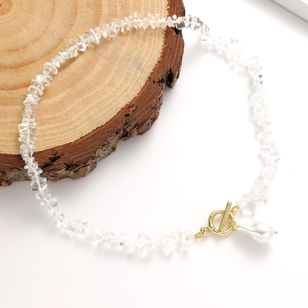 Womens Fashion Natural Stone Beaded Pearl Pendant Necklace Clear Stone 32$